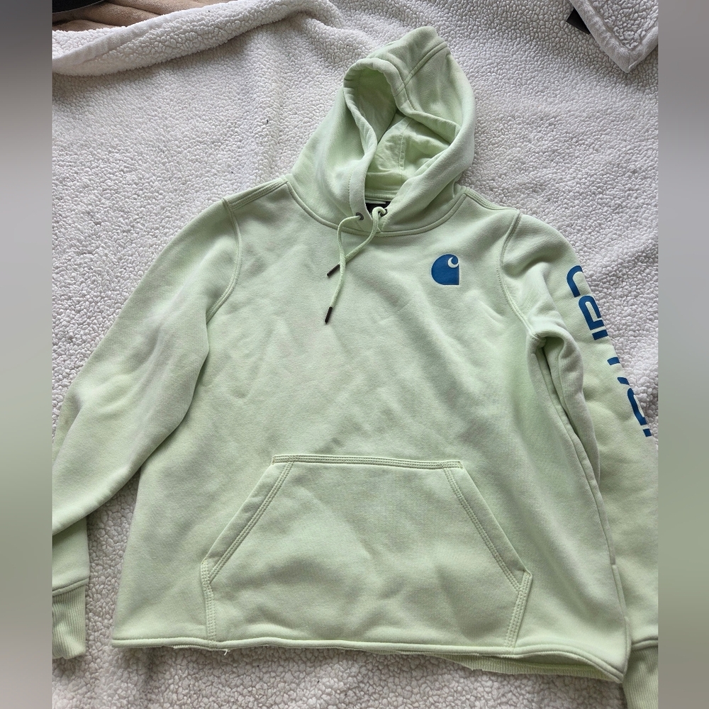 Carhartt Kid's Light Green Hoodie with Blue Logo Iconic Clarksburg Logo 12-14